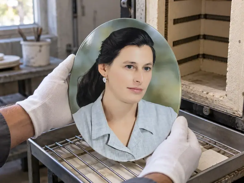 A craftsperson handles finished oval photo ceramic after firing