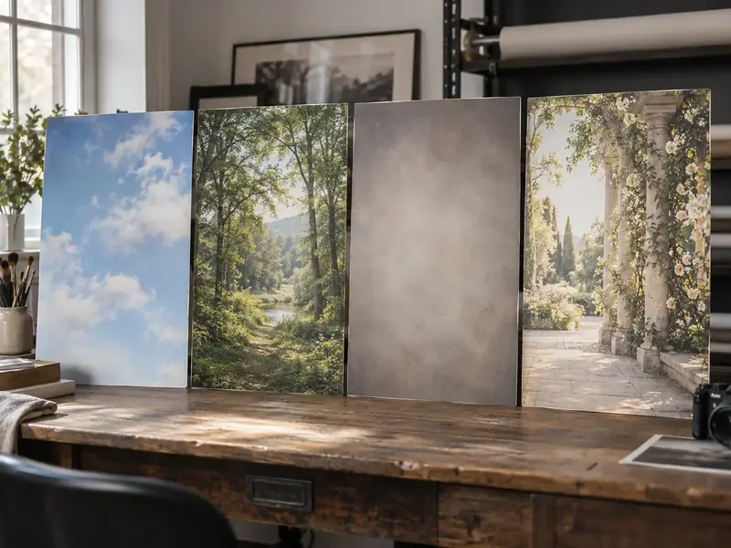 Four portrait background options: sky, nature, studio gradient and park