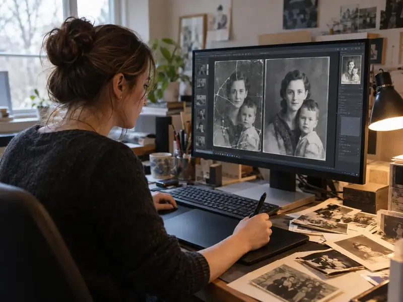 Professional retoucher restoring an old photograph on a computer